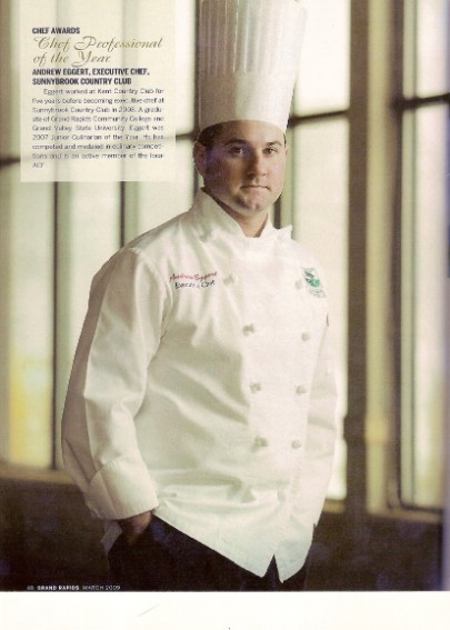 Photo of Personal Chef Andrew Eggert from publication in Grand Rapids Magazine for wining the Greater Grand Rapids American Culinary Federation's Chef Professional of the Year Award
